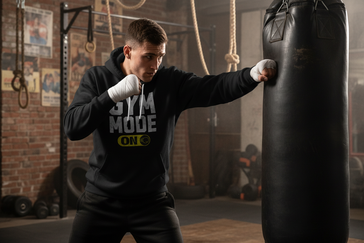 Boxer training wearing Gym Mode Boxing hoodie