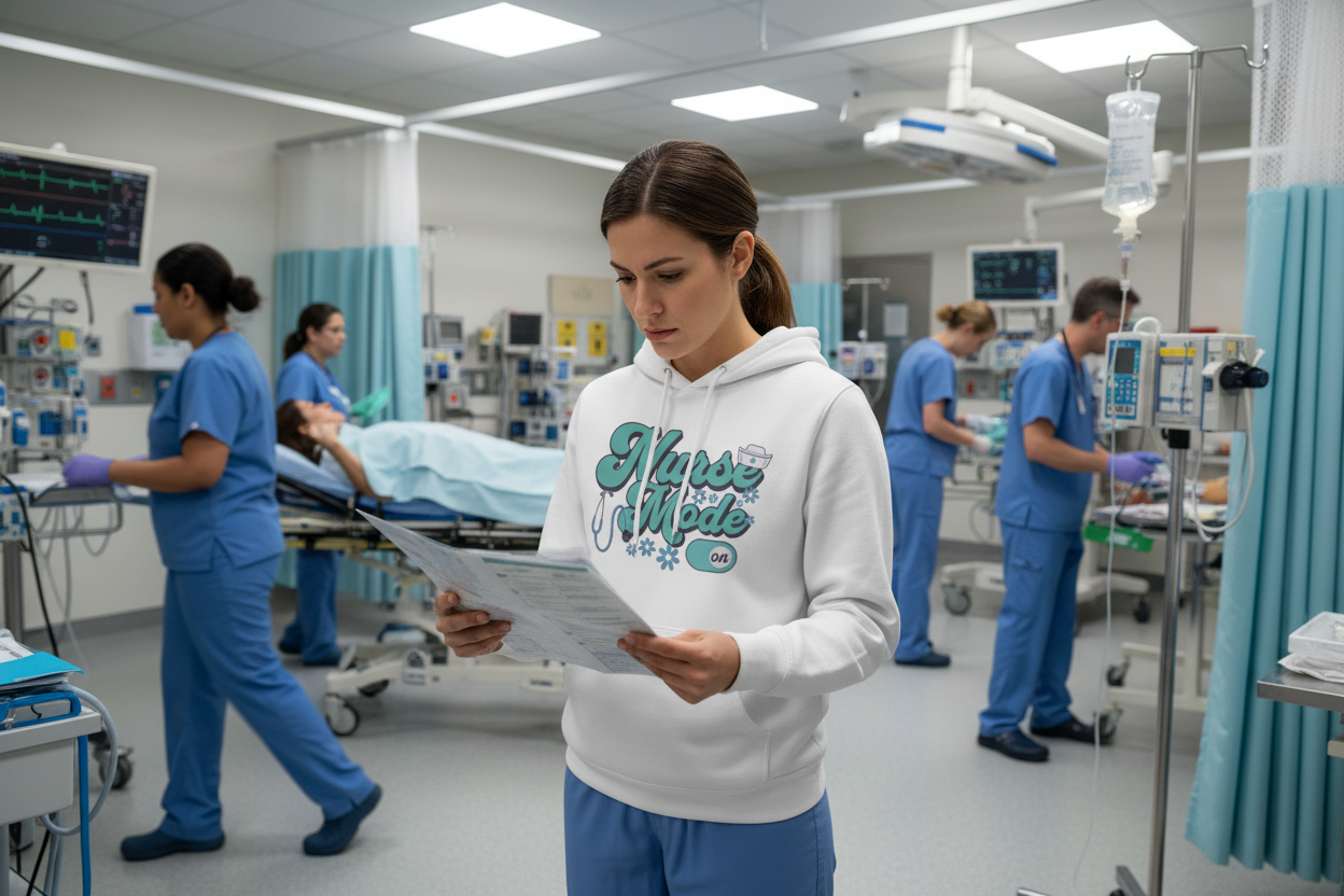 Female nurse wearing Nurse Mode hoodie reading chart in busy ER