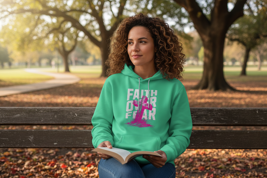 Female wearing Faith Over Fear teal hoodie reading on bench