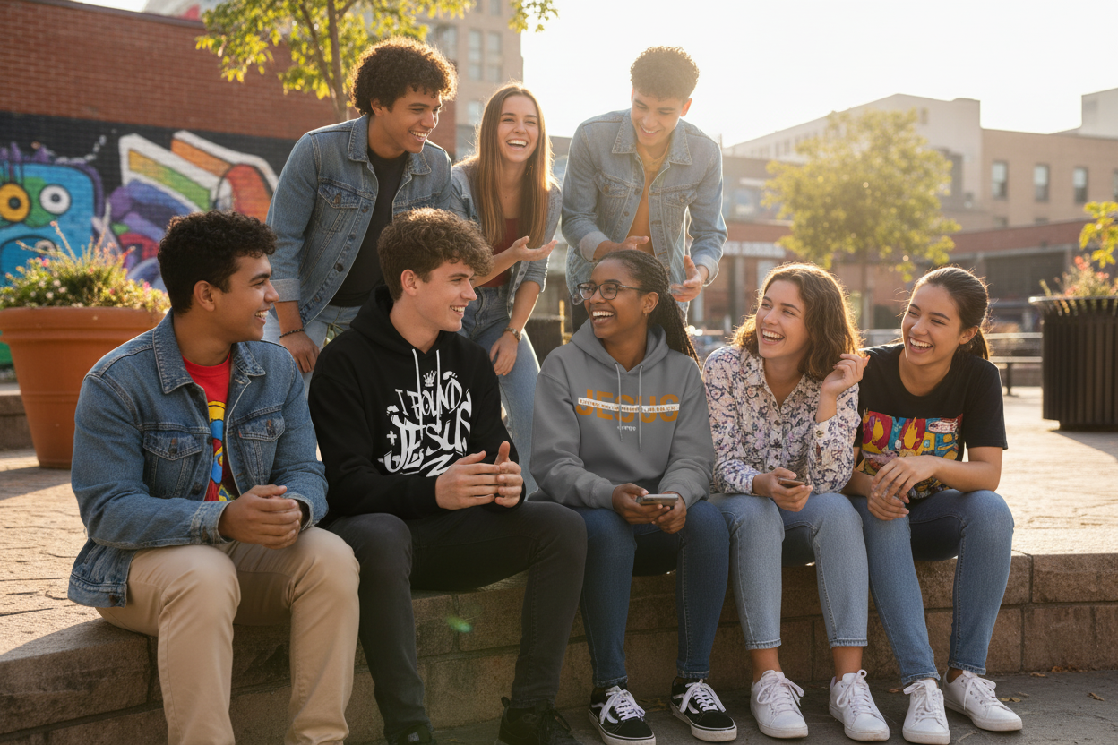 Group of teenagers with I Found Jesus and The Life hoodies