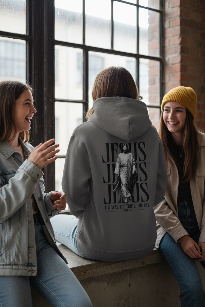 Group of three girls with The Truth hoodie back design focal point