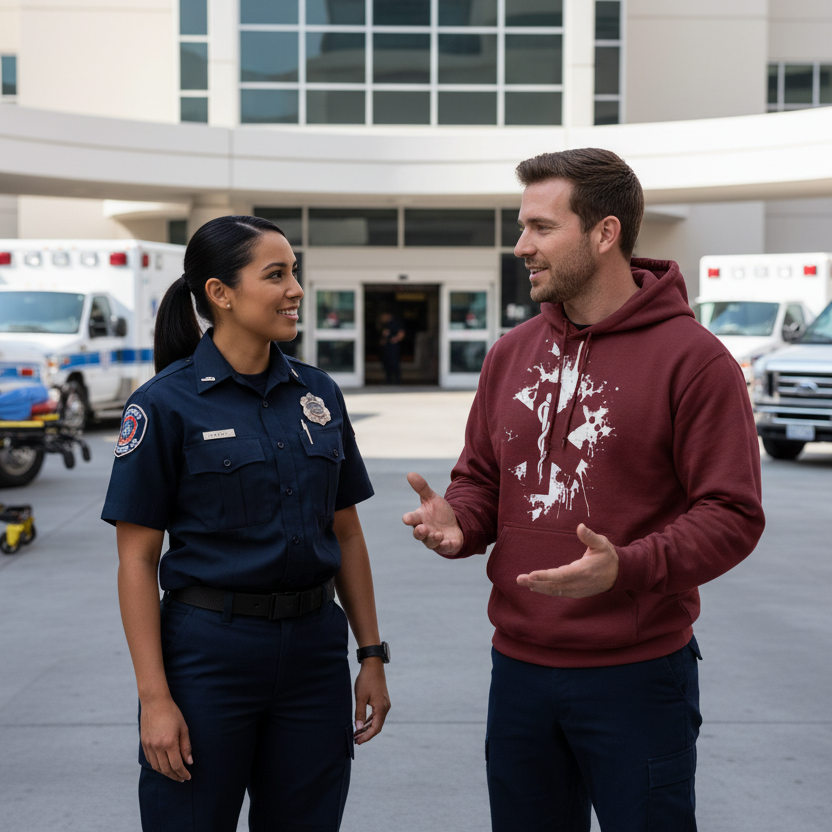 Male paramedic wearing exact Paramedic Splash hoodie design at ambulance bays