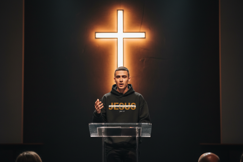 Man at podium wearing The Life hoodie with lit cross