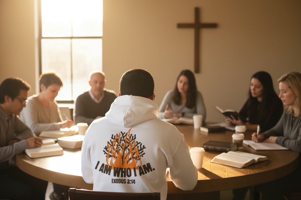Man wearing I am who I am hoodie in bible study group