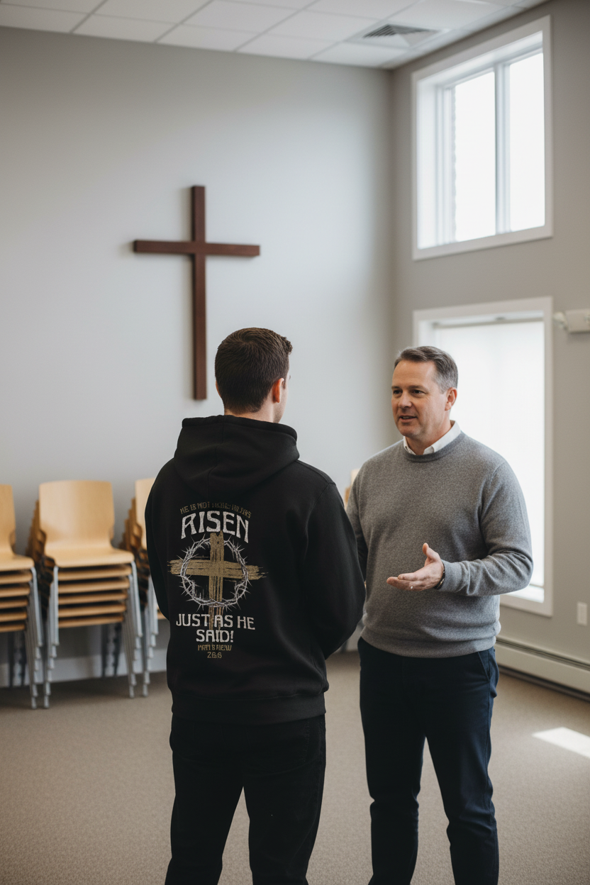Man wearing Risen hoodie speaking with pastor with cross on wall