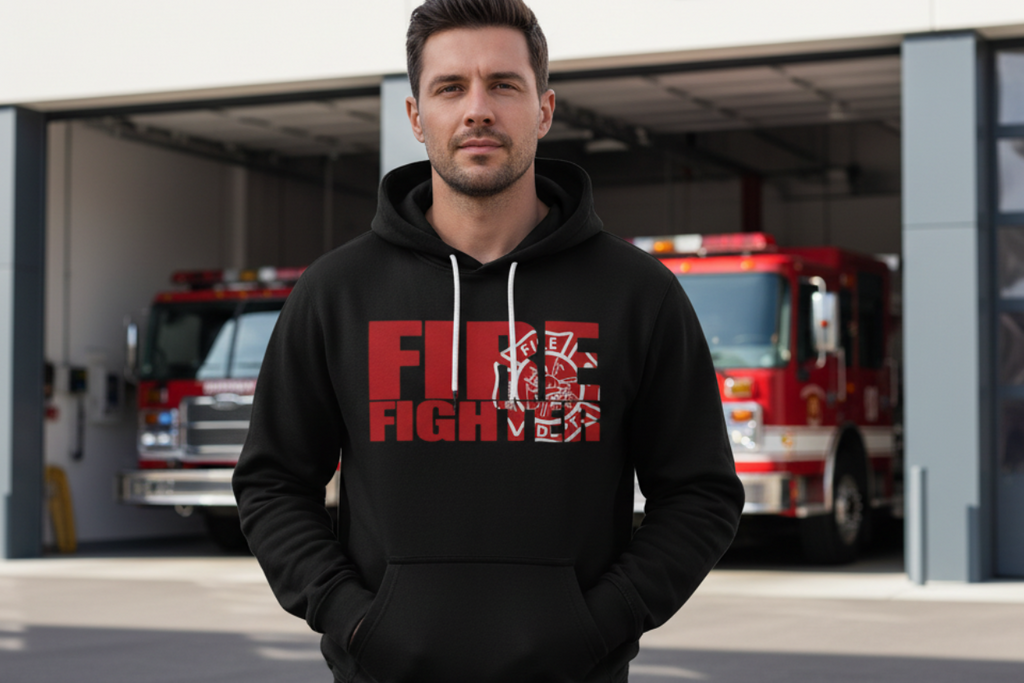 Man wearing The Firefighter hoodie outside fire hall