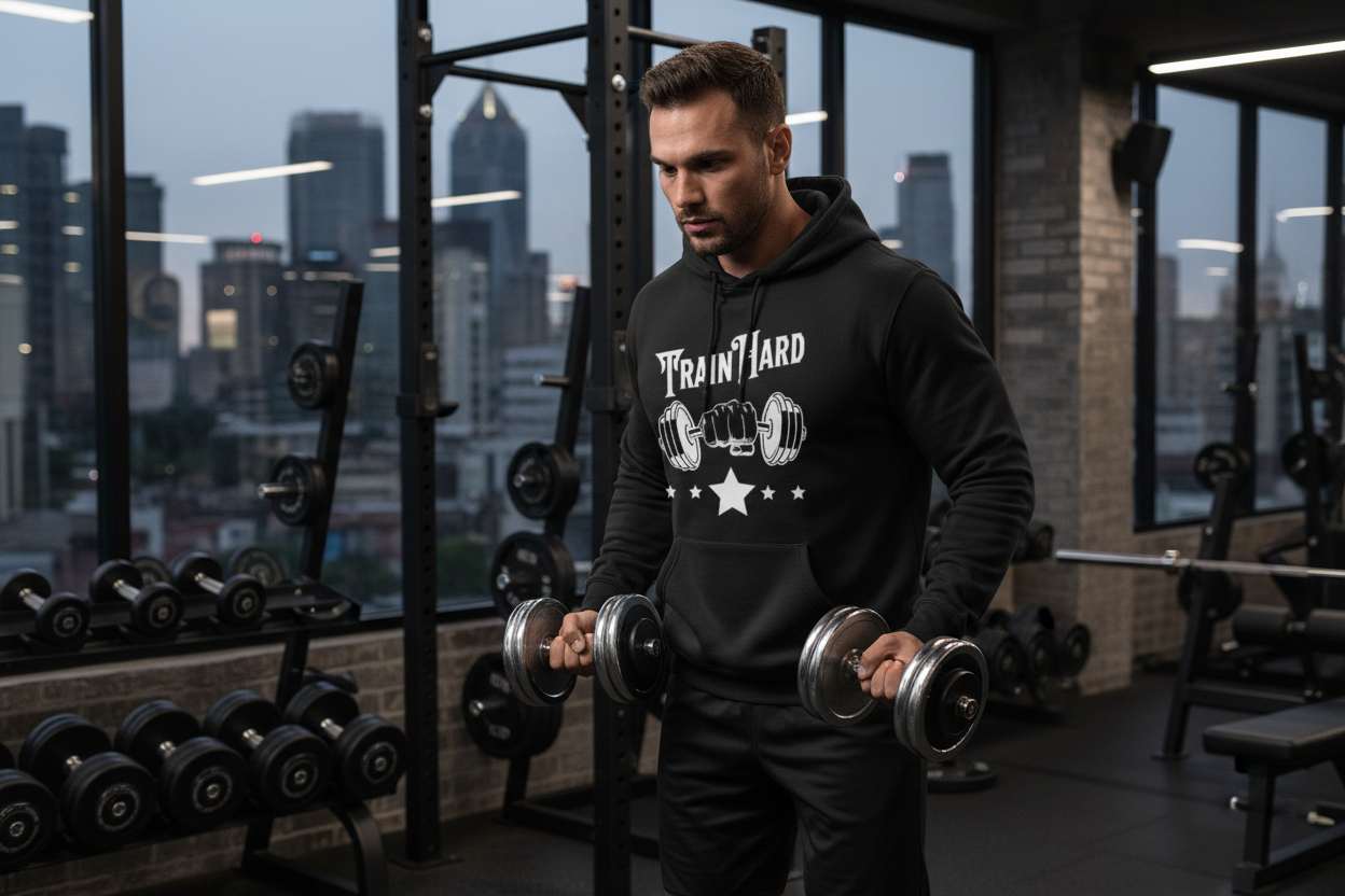 Man working out wearing Train Hard hoodie