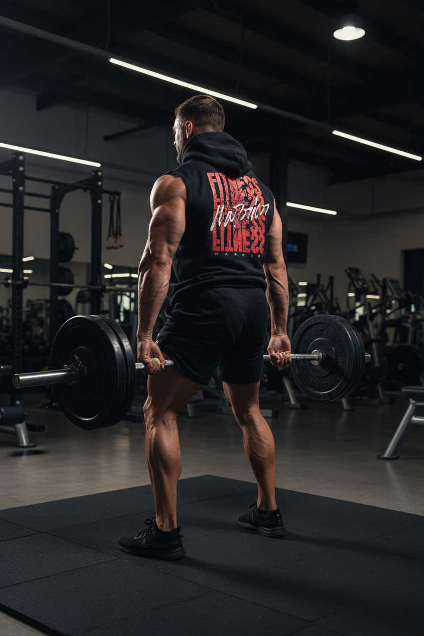 Muscular man lifting heavy weights wearing Fitness Warrior hoodie