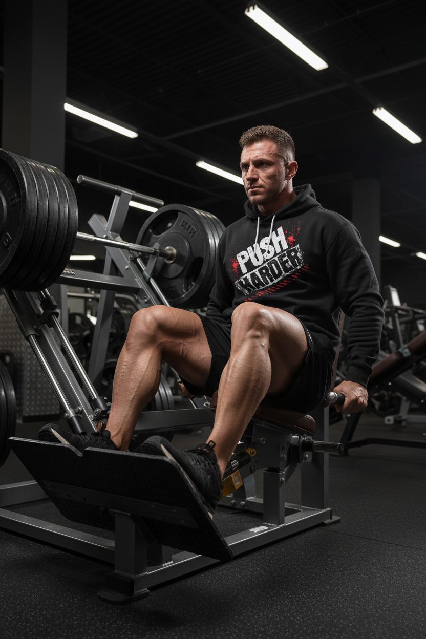 Muscular man wearing Push Harder hoodie actively pushing weights on leg press machine