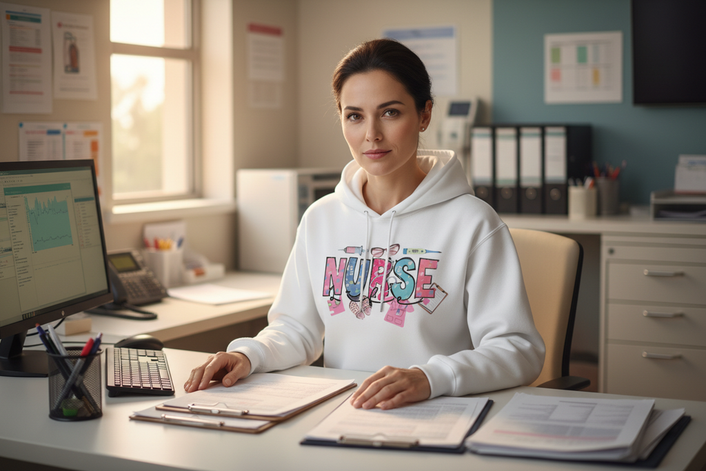 Nurse at desk wearing Nurse Things hoodie