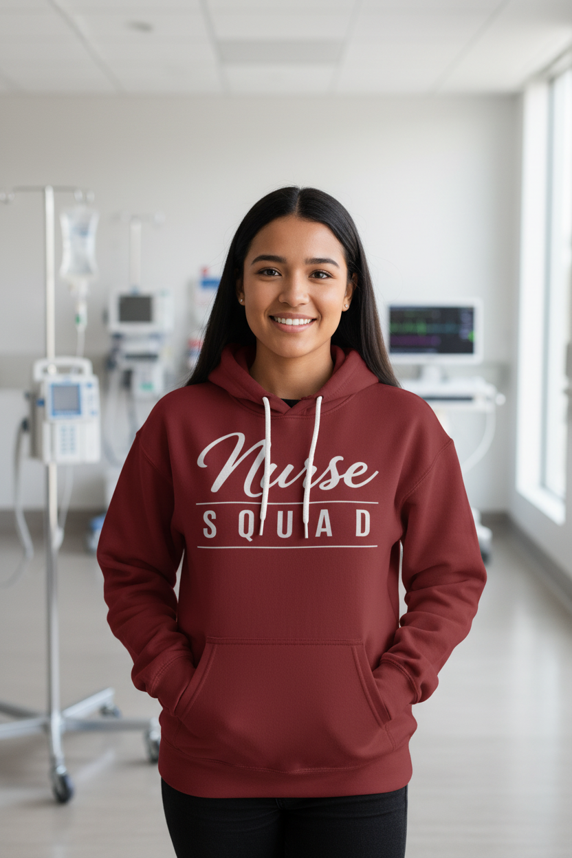 Nurse wearing Nurse Squad hoodie in hospital