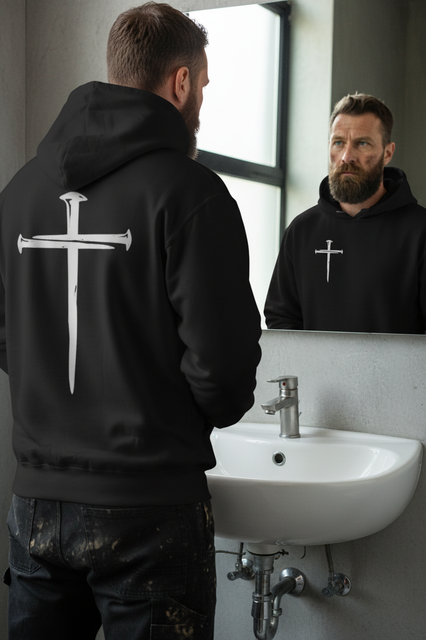 Rugged working man with less dirt looking into mirror wearing Holy Cross hoodie