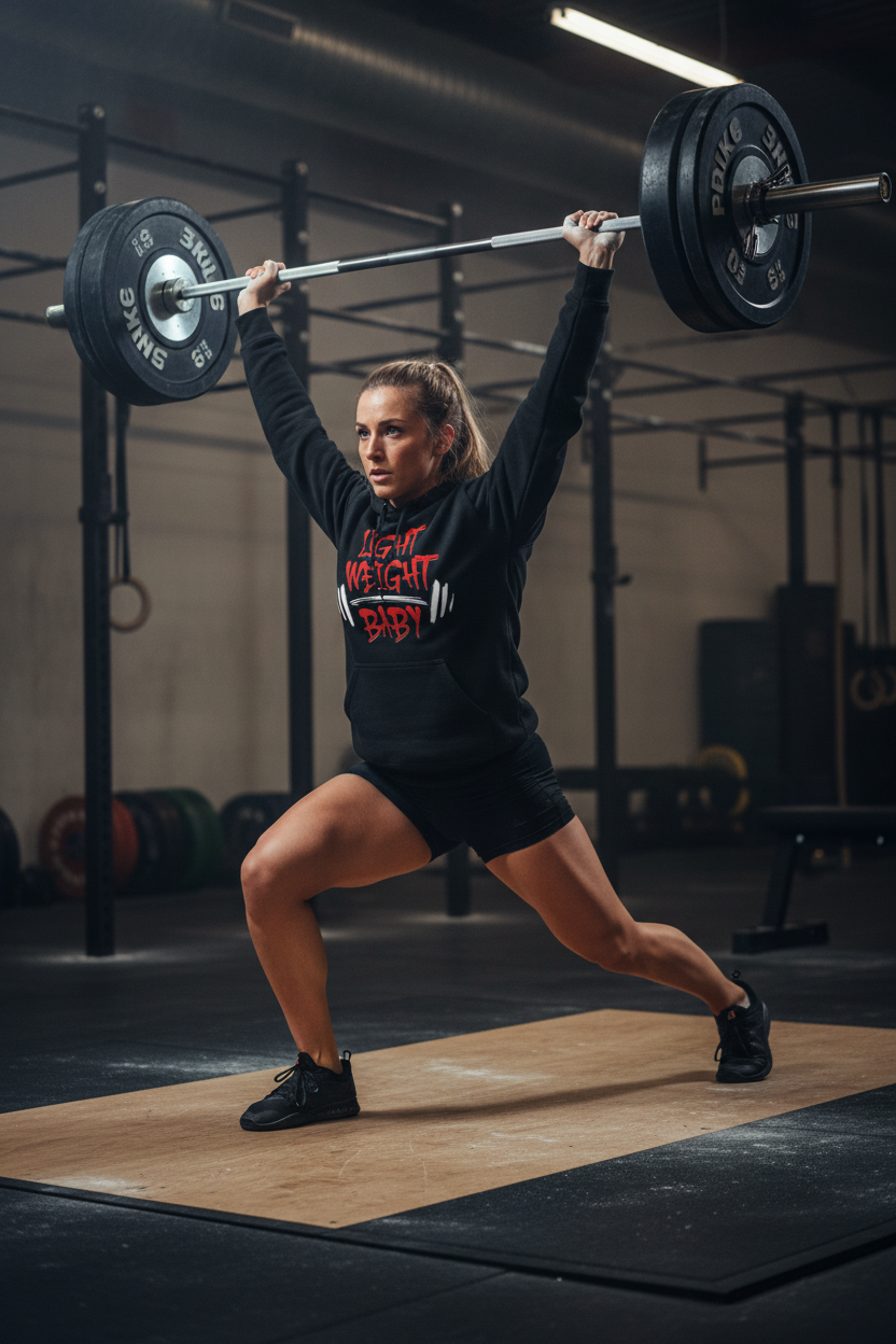 Strong woman doing split jerk with heavy weights wearing Light Weight hoodie