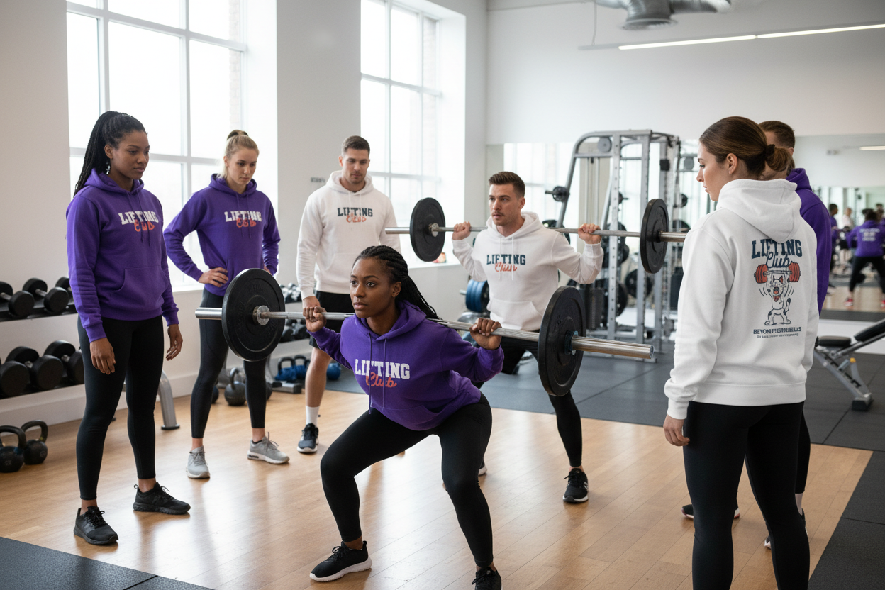 Two teams with members rearranged to show front and back Lifting Club designs