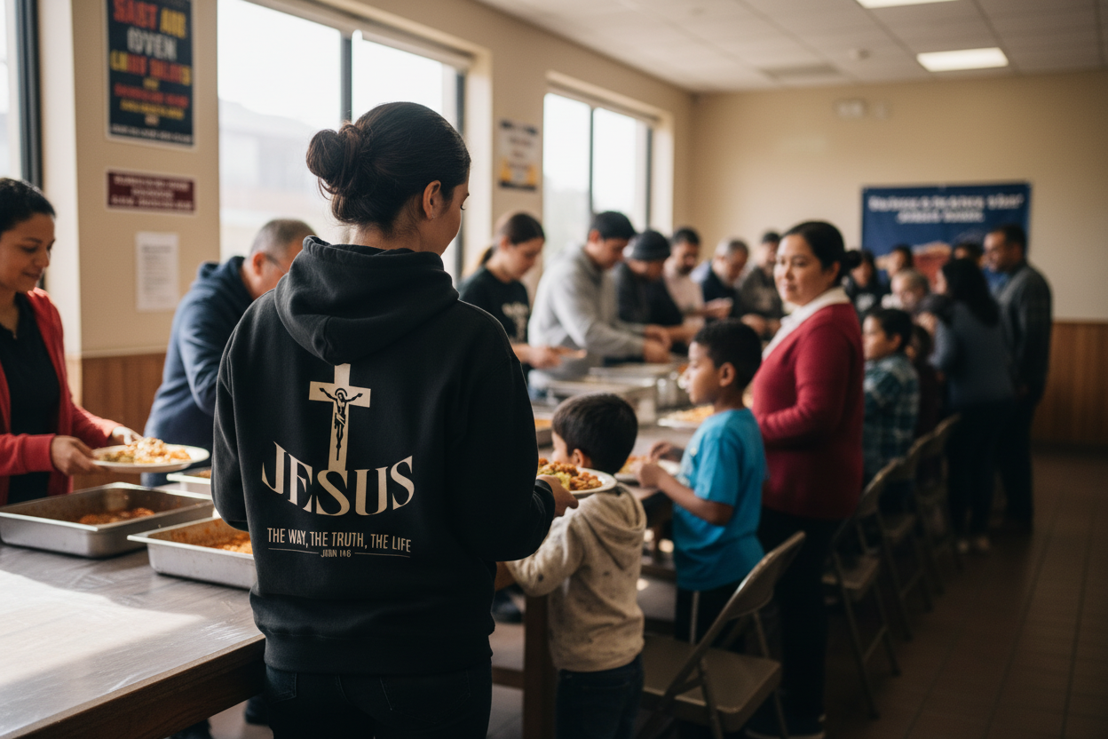 Woman serving the needy wearing The Way hoodie - back view